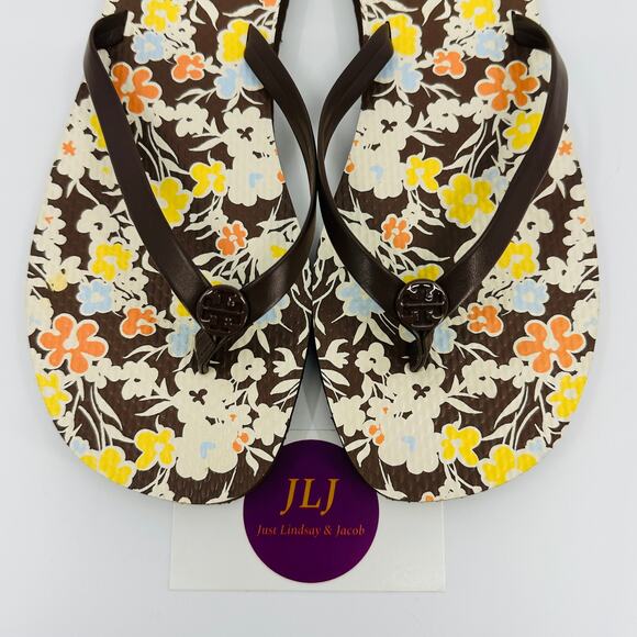 Tory Burch Women's Soho Reverie Walnut Brown Floral Flat Flip Flops 81071 Size 8 - Picture 5 of 14